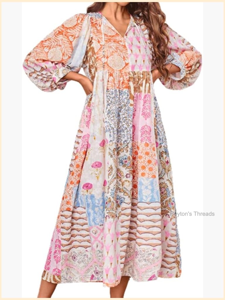 Boho Floral Printed Long Lantern Half Sleeve Beach Flowy Loose Swing Sundress